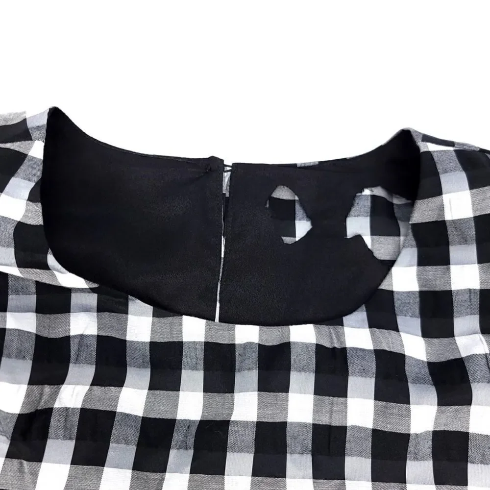 J CREW Puff Sleeve mini dress textured plaid Womens XS Cottagecore Black White
